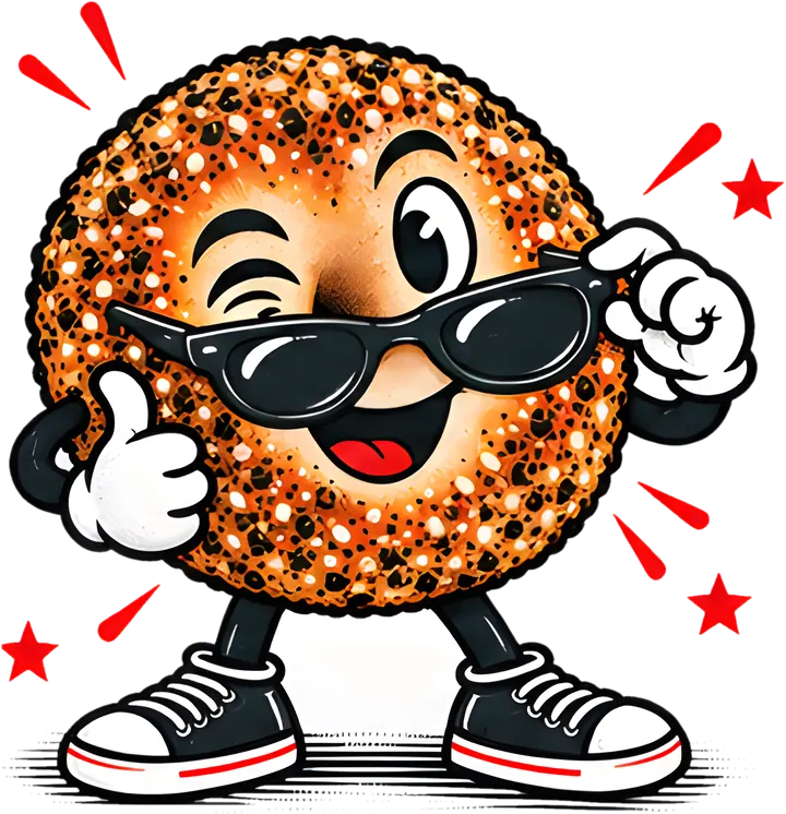 Winking everything-bagel mascot in sunglasses, giving a thumbs up