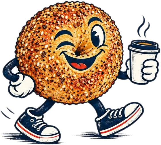 Smiling bagel mascot walking with a coffee cup