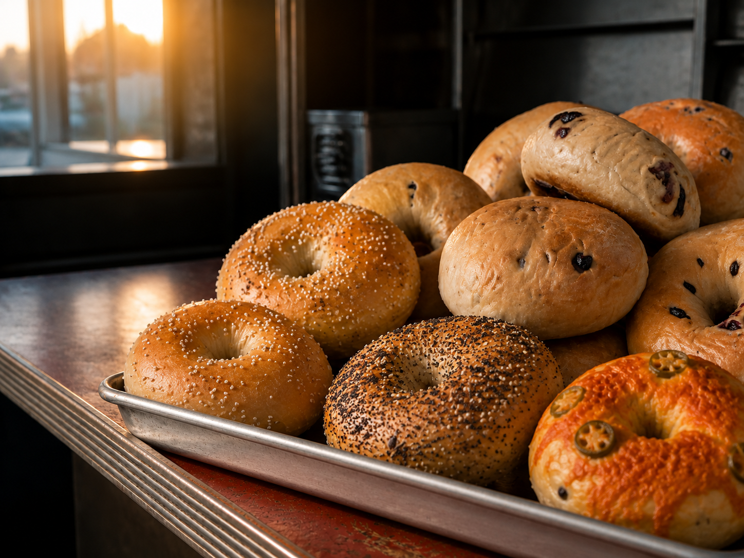 Fresh bagels cooling on a bakery tray at first light